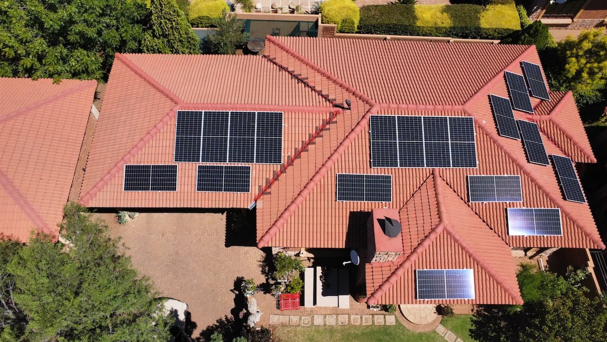 Aerial view of a residential solar array installed by SJW